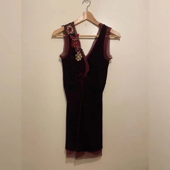 Plenty by Tracy Reese Silk Blend Velvet Burgundy Mini Dress with Flowers Size P - Picture 2 of 10